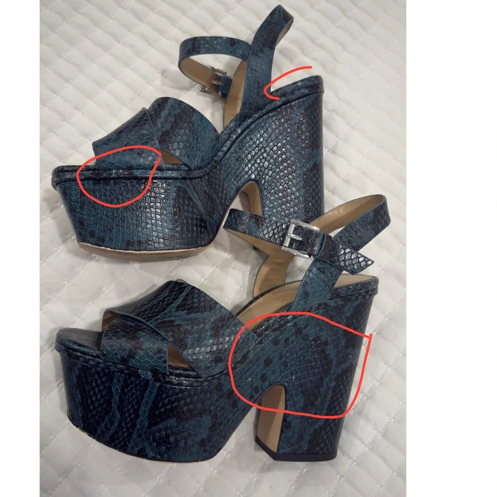 Michael Kors‎ Blue Snakeskin Embossed Leather Platform Block Heel Sandals 7M